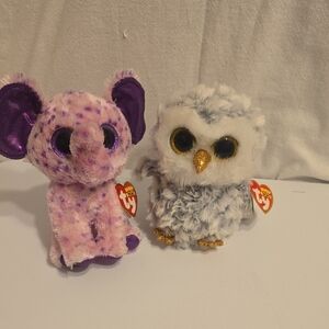 Ty beanie boos Purple Elephant Eva and Gray Owl Owlette Plush Set